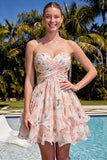 Sweetheart Pink Floral Ruffled A-Line Graduation Dress with Bow