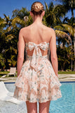 Sweetheart Pink Floral Ruffled A-Line Graduation Dress with Bow