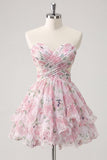 Sweetheart Pink Floral Ruffled A-Line Graduation Dress with Bow