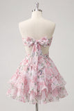Sweetheart Pink Floral Ruffled A-Line Graduation Dress with Bow
