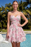 Sweetheart Pink Floral Ruffled A-Line Graduation Dress with Bow