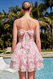 Sweetheart Pink Floral Ruffled A-Line Graduation Dress with Bow