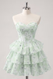Sweetheart Corset Light Green Tiered A-Line Short Floral Graduation Dress