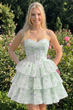 Sweetheart Corset Light Green Tiered A-Line Short Floral Graduation Dress