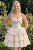 Sweetheart Corset Light Green Tiered A-Line Short Floral Graduation Dress