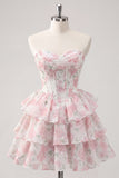 Sweetheart Corset Light Green Tiered A-Line Short Floral Graduation Dress
