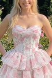 Sweetheart Corset Light Green Tiered A-Line Short Floral Graduation Dress