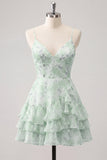 Purple Floral Tiered A-Line Spaghetti Straps Graduation Dress with Ruffles