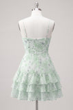 Purple Floral Tiered A-Line Spaghetti Straps Graduation Dress with Ruffles