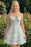Purple Floral Tiered A-Line Spaghetti Straps Graduation Dress with Ruffles