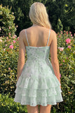 Purple Floral Tiered A-Line Spaghetti Straps Graduation Dress with Ruffles