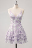 Purple Floral Tiered A-Line Spaghetti Straps Graduation Dress with Ruffles