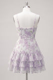 Purple Floral Tiered A-Line Spaghetti Straps Graduation Dress with Ruffles