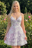 Purple Floral Tiered A-Line Spaghetti Straps Graduation Dress with Ruffles