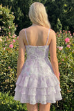 Purple Floral Tiered A-Line Spaghetti Straps Graduation Dress with Ruffles