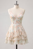 Purple Floral Tiered A-Line Spaghetti Straps Graduation Dress with Ruffles