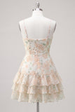 Purple Floral Tiered A-Line Spaghetti Straps Graduation Dress with Ruffles