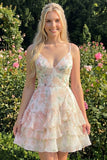 Purple Floral Tiered A-Line Spaghetti Straps Graduation Dress with Ruffles