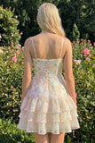 Purple Floral Tiered A-Line Spaghetti Straps Graduation Dress with Ruffles