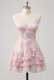 Purple Floral Tiered A-Line Spaghetti Straps Graduation Dress with Ruffles