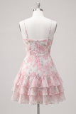 Purple Floral Tiered A-Line Spaghetti Straps Graduation Dress with Ruffles