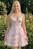 Purple Floral Tiered A-Line Spaghetti Straps Graduation Dress with Ruffles