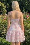 Purple Floral Tiered A-Line Spaghetti Straps Graduation Dress with Ruffles