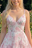 Purple Floral Tiered A-Line Spaghetti Straps Graduation Dress with Ruffles