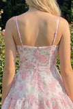 Purple Floral Tiered A-Line Spaghetti Straps Graduation Dress with Ruffles