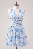 Halter Light Blue Floral A-Line Ruched Graduation Dress