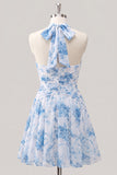 Halter Light Blue Floral A-Line Ruched Graduation Dress