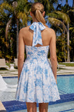 Halter Light Blue Floral A-Line Ruched Graduation Dress