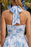 Halter Light Blue Floral A-Line Ruched Graduation Dress