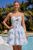 Sweetheart Pink Tiered A-Line Floral Chiffon Graduation Dress with Keyhole