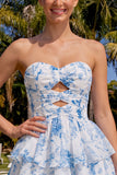 Sweetheart Pink Tiered A-Line Floral Chiffon Graduation Dress with Keyhole