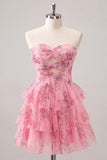 Sweetheart Pink Tiered A-Line Floral Chiffon Graduation Dress with Keyhole