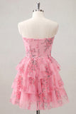 Sweetheart Pink Tiered A-Line Floral Chiffon Graduation Dress with Keyhole