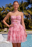 Sweetheart Pink Tiered A-Line Floral Chiffon Graduation Dress with Keyhole
