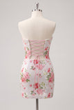 Sparkly Sweetheart White Bodycon Floral Sequins Cocktail Dress with Keyhole