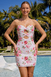 Sparkly Sweetheart White Bodycon Floral Sequins Cocktail Dress with Keyhole