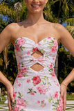 Sparkly Sweetheart White Bodycon Floral Sequins Cocktail Dress with Keyhole