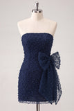 Black Strapless Bodycon Beaded Lace Up Back Short Party Dress with Bow