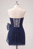 Black Strapless Bodycon Beaded Lace Up Back Short Party Dress with Bow