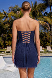 Black Strapless Bodycon Beaded Lace Up Back Short Party Dress with Bow