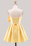 A-Line Daffodil Satin Strapless Ruched Lace Up Back Homecoming Dress with Bow