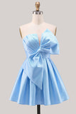 A-Line Daffodil Satin Strapless Ruched Lace Up Back Homecoming Dress with Bow