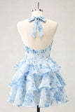Blue Flower A-Line Halter Neck Tiered Chiffon Cut Out Homecoming Dress
