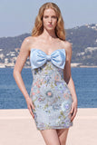Light Blue Bodycon Strapless Sequins Corset Lace Up Back Homecoming Dress with Bow