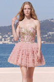 Sweetheart Pink A-Line Tiered Floral Sequins Homecoming Dress
