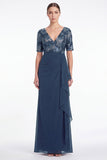 Navy Mermaid Short Sleeves Long Mother Of the Bride Dress with Ruffles